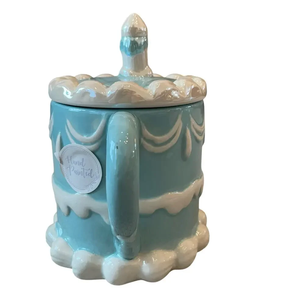 2pc Sheffield Home Hand Painted Blue Happy Birthday Cake Mug with Candle Lid New